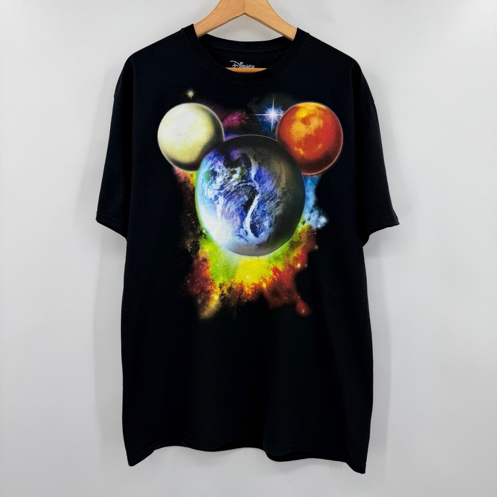 Disney Mickey Mouse Planet Galaxy Space Graphic T-Shirt Black Glow in Dark Large